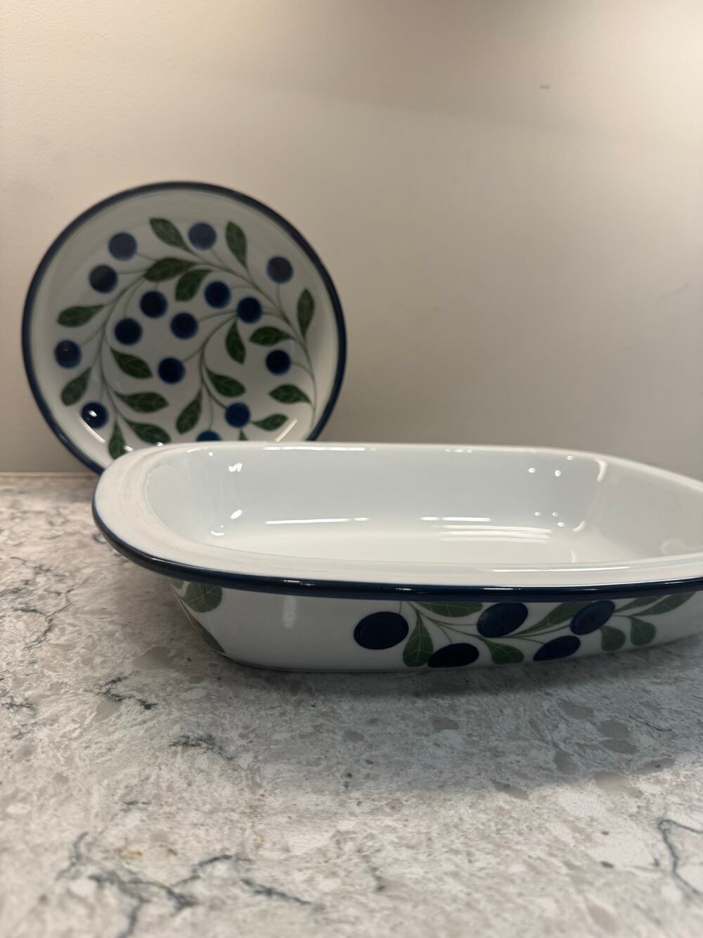 Collection of 2 Dansk Serving Dishes Blueberry Print 13" Baker 8" Shallow Bowl